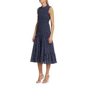 Veronica Beard Verena Cotton Midi Dress Smocked Size 6 Blue $498.00 Floral